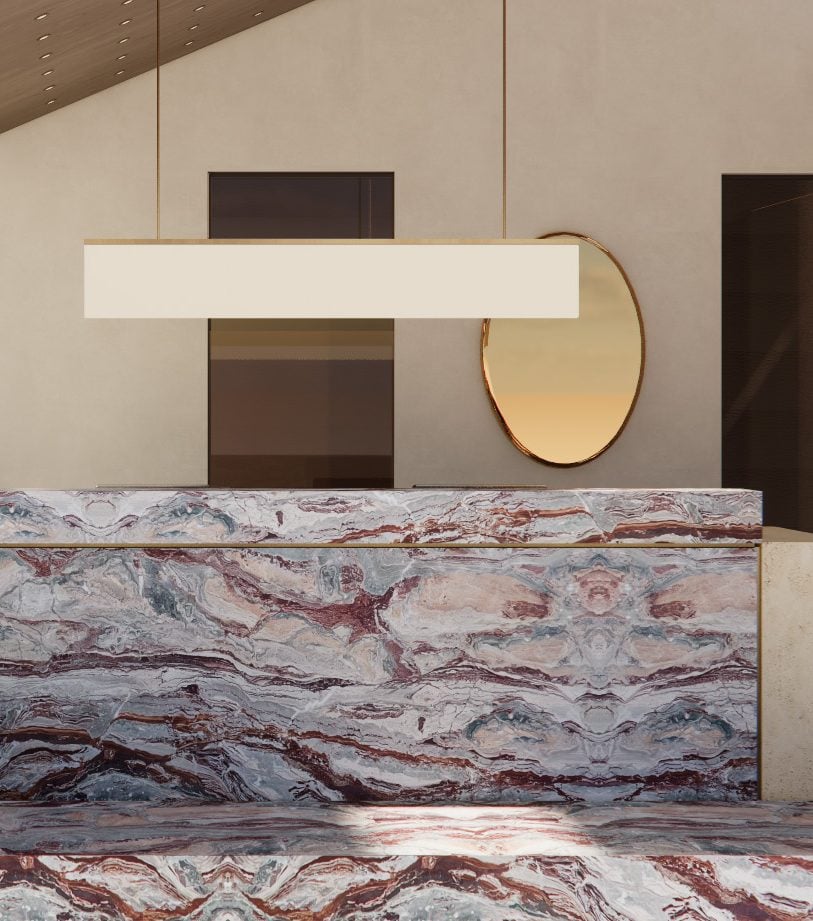 Adawn Dental Studio reception with a marble front desk and soft pendant lighting